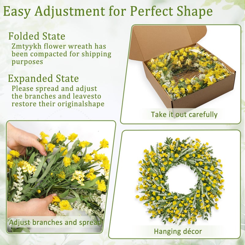 Zmtyykh 26" Floral Wreath, Artificial Spring Wreaths for Front Door, with Wildflower Portulaca Flowers, Indoor Outdoor Porch Window Wall Home Decor for Valentineâ€™s Day Easter, Summer & Wedding Yellow - Image 3