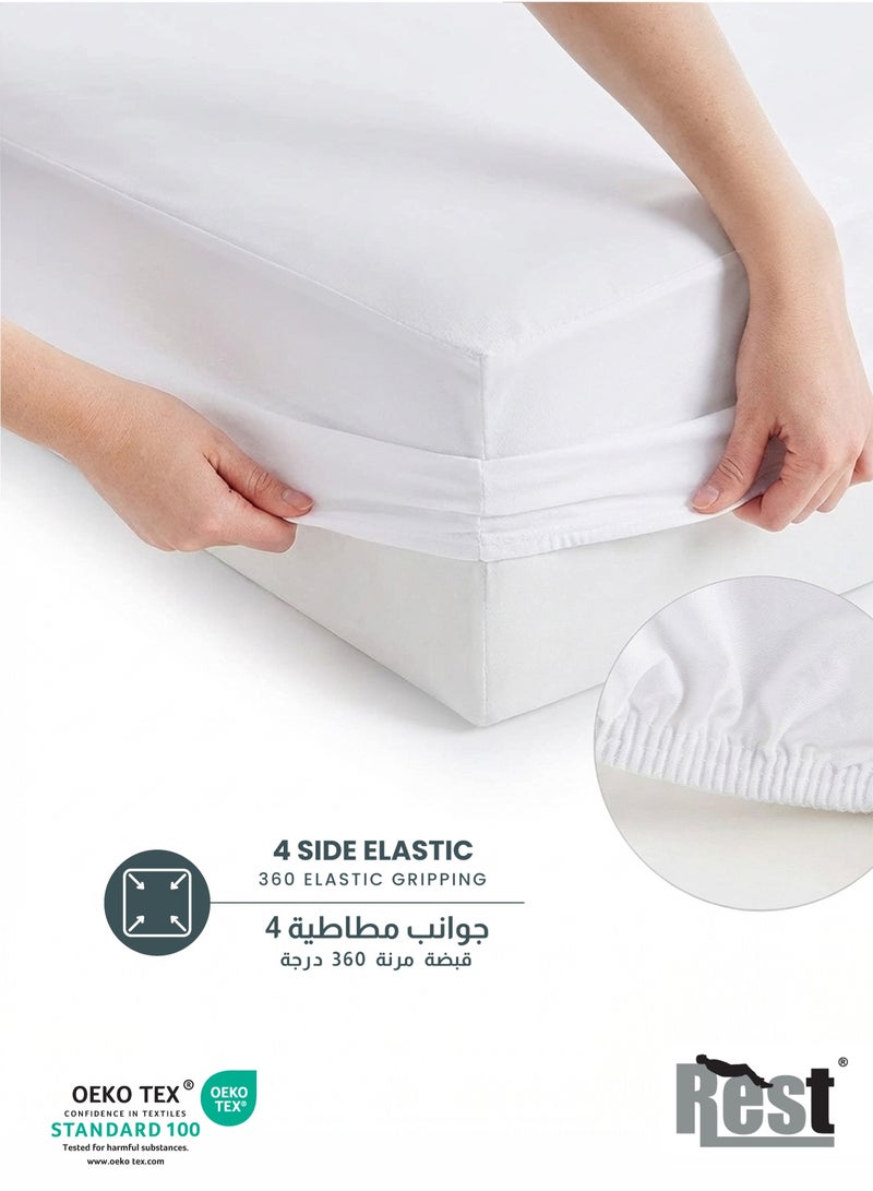 ريست REST  Waterproof Mattress Protector White 150x200cm upto 30cm Deep Pocket PU Laminated Fabric Premium 100% Waterproof Hypoallergenic Breathable Washable Mattress Protector - Image 3