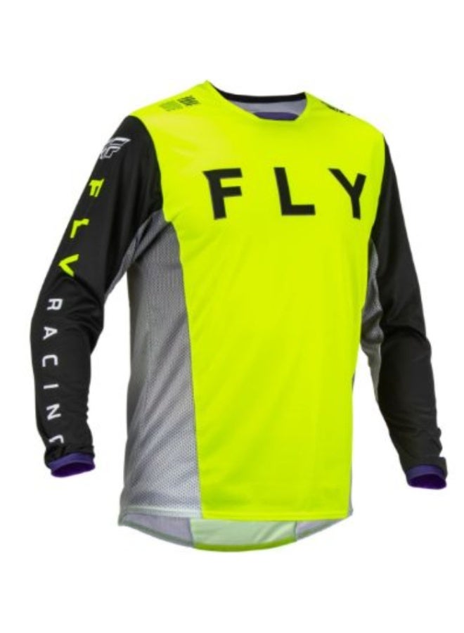 Fly Racing Neon Yellow-Grey-Black Long-Sleeve Motocross Jersey with Brand Logo and Accents-L