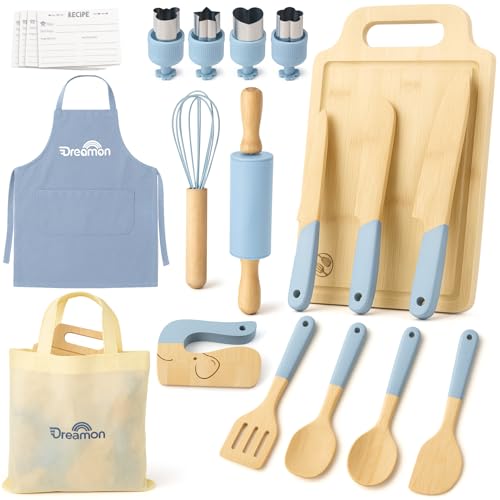 Dreamon 29 PCS Wooden Kids Cooking Set Toddler Montessori Cooking Baking Kitchen Tools for Real Cooking 3 Knifes Real Cutting Board Apron Kid Safe Kitchen Utensils for 3 Year Old Boys Girls Gift - Image 1