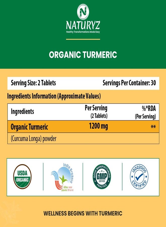 NATURYZ Organic Turmeric Highest Strength 1200mg tablets | Supports Joint, Skin Health, Immune Function | Anti inflammatory Supplement for Adults | Non-GMO, Vegan, Gluten-Free | USDA Organic Certified | Pesticides & Chemical Free - 60 Veg Tablets - Image 2