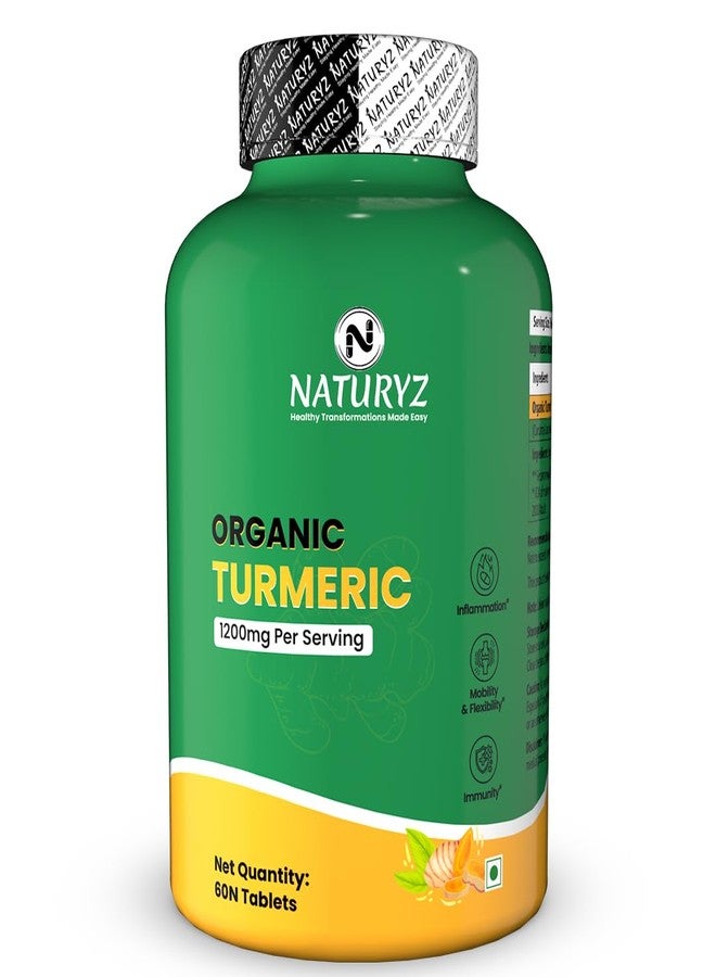 NATURYZ Organic Turmeric Highest Strength 1200mg tablets | Supports Joint, Skin Health, Immune Function | Anti inflammatory Supplement for Adults | Non-GMO, Vegan, Gluten-Free | USDA Organic Certified | Pesticides & Chemical Free - 60 Veg Tablets - Image 1