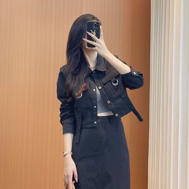 Black Two-piece Suit Women's 2024 Autumn New Denim Women's Short Jacket Skirt Two-piece Short Women - Image 3