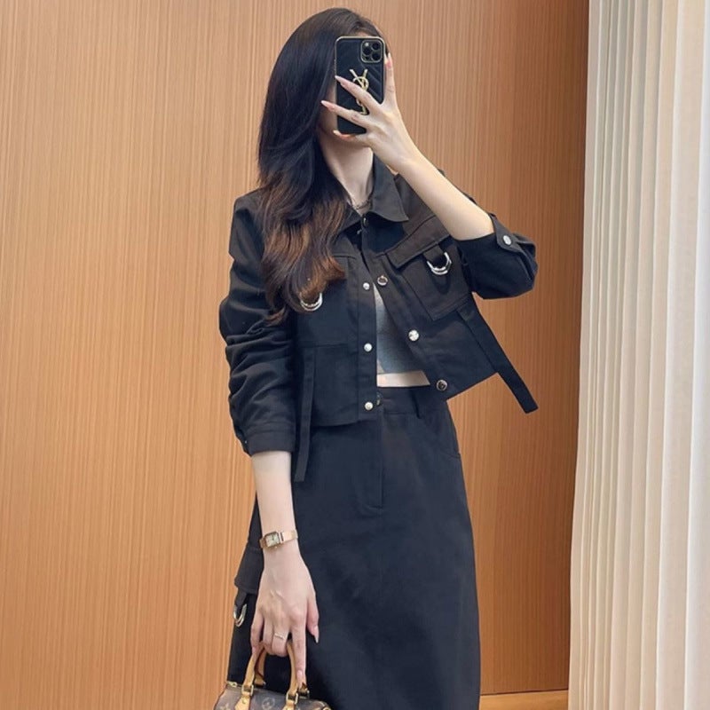 Black Two-piece Suit Women's 2024 Autumn New Denim Women's Short Jacket Skirt Two-piece Short Women - Image 2