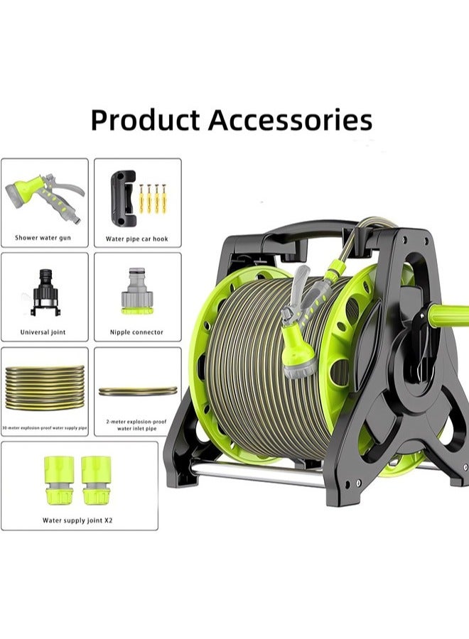 Denzoz 30M Garden Hose Reel Set Garden Hose Reel Kit Water Hose Holder with 8 Types Water Gun and 2M Hoses Spray Heads for Household Garden Watering Car Wash  - Image 2