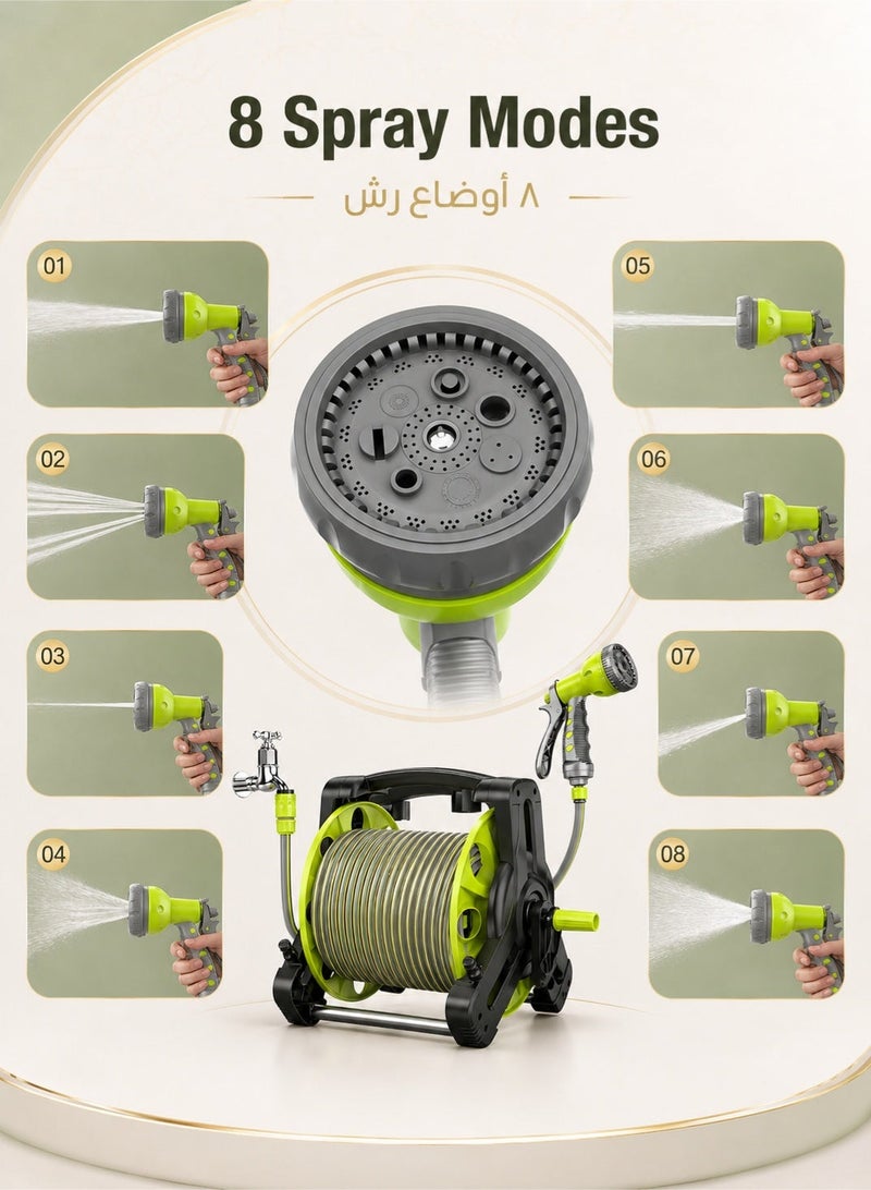 دنزوز مجموعة بكرة خرطوم الحديقة بطول 30 مترًا، حامل خرطوم المياه مع 8 أنواع من مسدسات المياه ورؤوس رش خراطيم بطول 2 متر للحدائق المنزلية وغسيل السيارات - Image 3