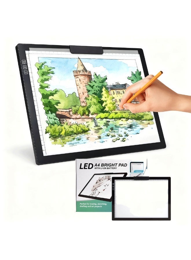 لوحة إضاءة LED مقاس A4 قابلة للشحن، صندوق إضاءة للرسم بخطوط قابلة للتعتيم التدريجي مع مشبك علوي، لوحة إضاءة محمولة تعمل بالبطارية لتلوين الماس، تقشير الفينيل، الخط العربي، الرسم ونقل الوشوم - Image 1
