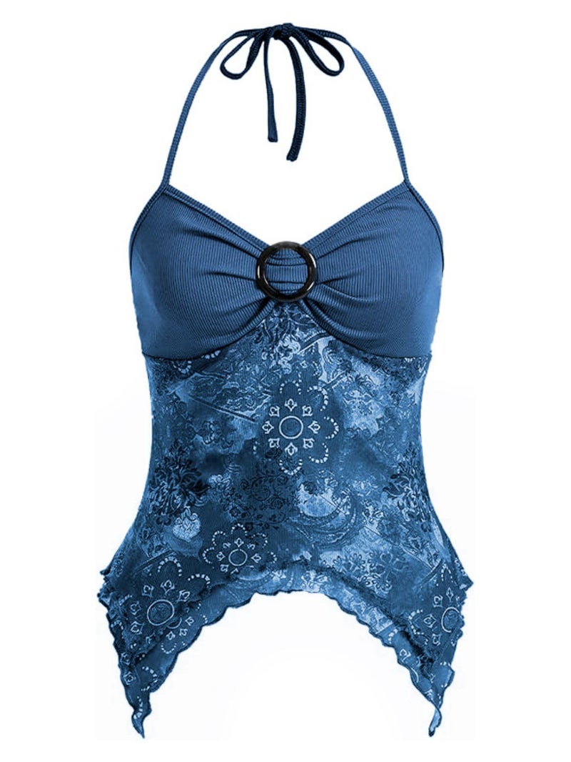 Verdusa Women's Y2k Halter Top Floral Streetwear Fairy 2000s Clothing Gothic Going Out Tops Blue Small - Image 1