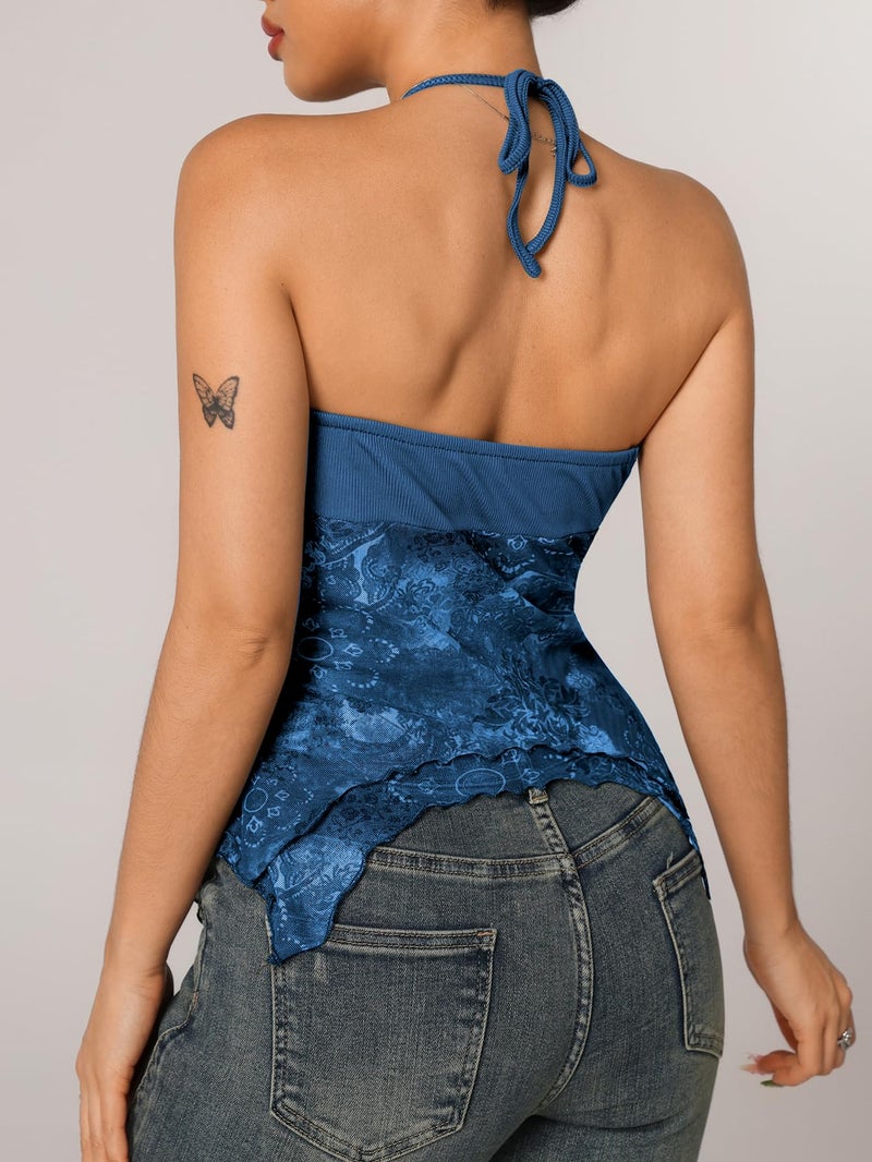 Verdusa Women's Y2k Halter Top Floral Streetwear Fairy 2000s Clothing Gothic Going Out Tops Blue Small - Image 3