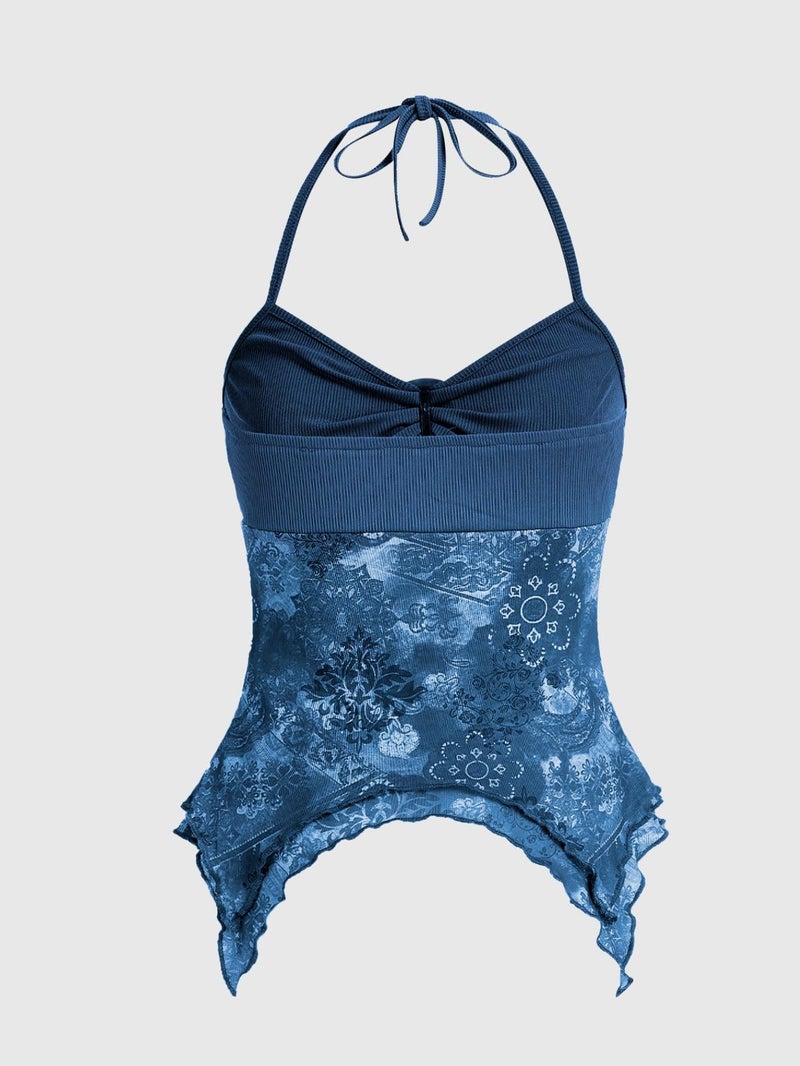 Verdusa Women's Y2k Halter Top Floral Streetwear Fairy 2000s Clothing Gothic Going Out Tops Blue Small - Image 4