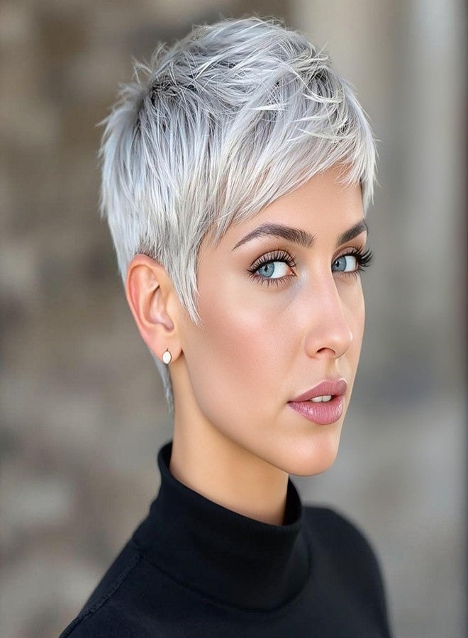 BeiSDWig Platinum Pixie Cut Synthetic Wig, Short Silver Gray Hair, Textured Layered Style Synthetic Short Pixie Wigs for Women - Image 1