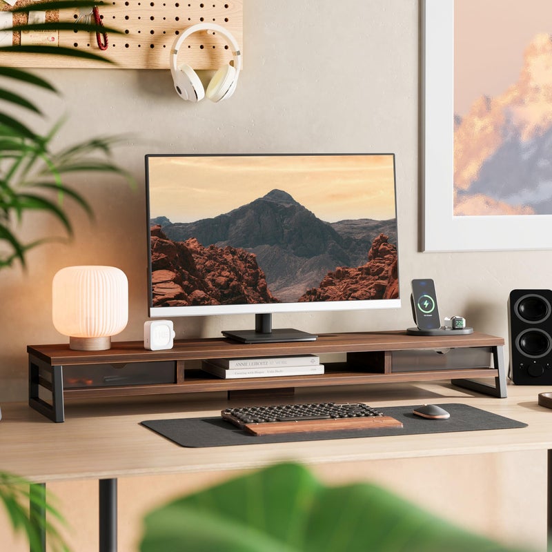 Fenge Dual Monitor Stand, Monitor Riser with Drawer, 42.5 Inch Large Computer Monitor Stand for 2 Monitors, 2 Tier Wooden Desk Shelf for Top of Desk - Image 2