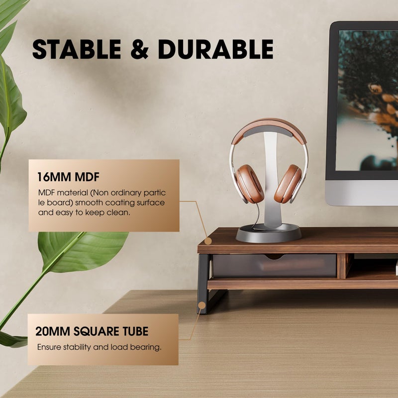 Fenge Dual Monitor Stand, Monitor Riser with Drawer, 42.5 Inch Large Computer Monitor Stand for 2 Monitors, 2 Tier Wooden Desk Shelf for Top of Desk - Image 4