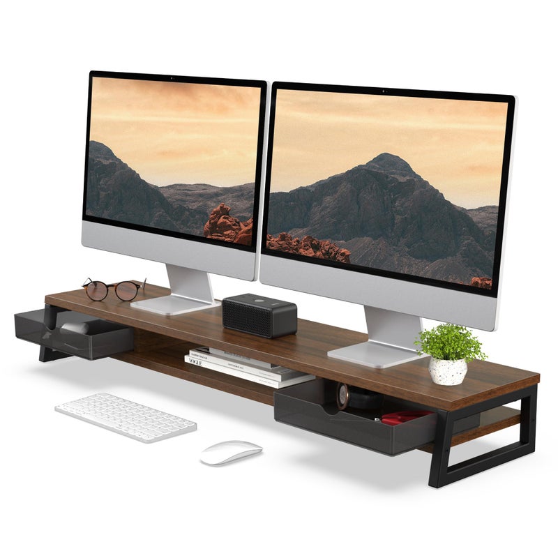 Fenge Dual Monitor Stand, Monitor Riser with Drawer, 42.5 Inch Large Computer Monitor Stand for 2 Monitors, 2 Tier Wooden Desk Shelf for Top of Desk - Image 1