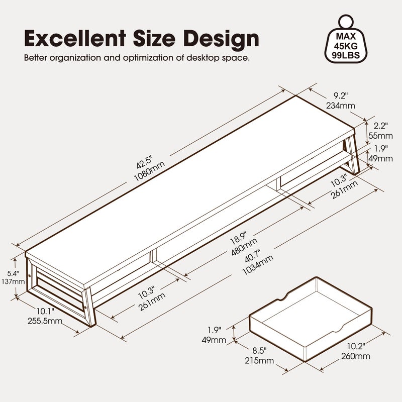 Fenge Dual Monitor Stand, Monitor Riser with Drawer, 42.5 Inch Large Computer Monitor Stand for 2 Monitors, 2 Tier Wooden Desk Shelf for Top of Desk - Image 5