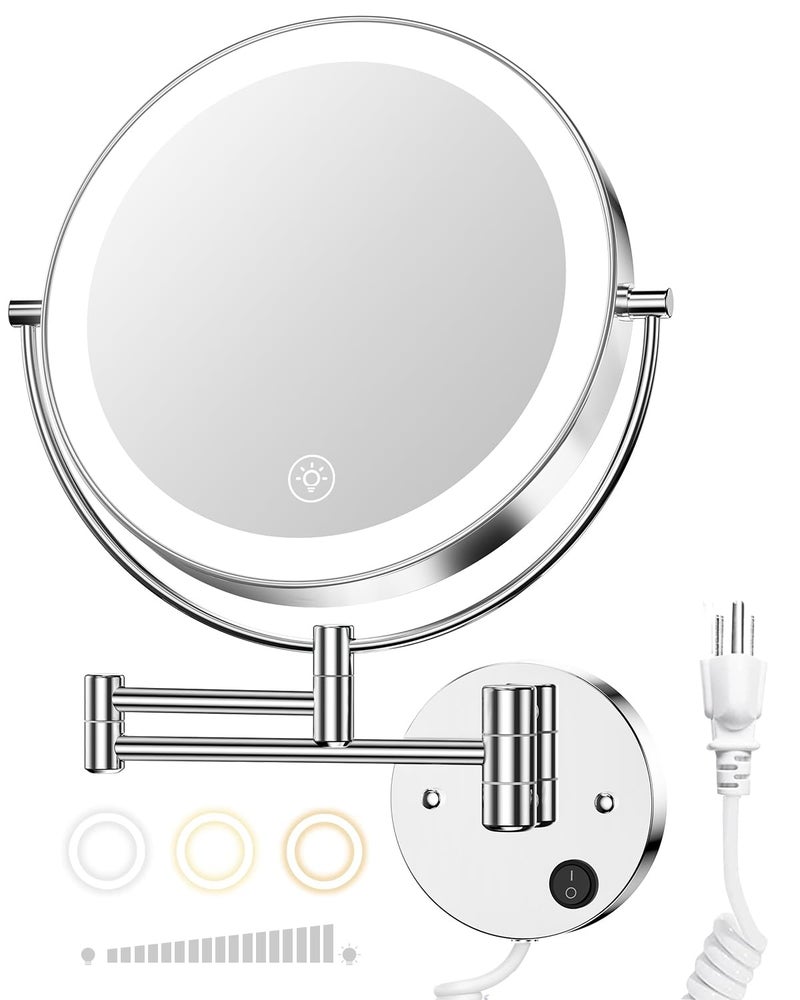Gospire 9 Wall Mounted Lighted Magnifying Mirror 1X10X Magnification DoubleSided LED Bathroom Mirror 3 Color Lights  Stepless Dimming with Touch Sensor Extendable Arm 360 Swivel for Shaving