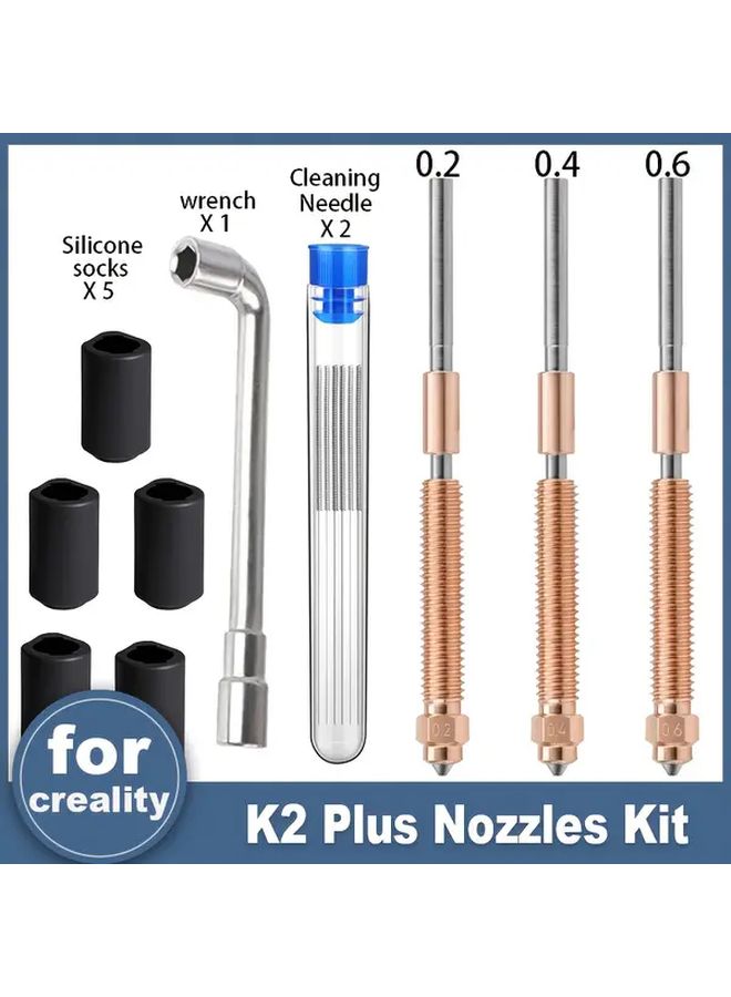 طقم فوهات K2 Plus (3 عبوات) 0.2/0.4/0.6 مم - فوهة يونيكورن سريعة التغيير ومقاومة للأعطال من الفولاذ، مع 5 أكمام عازلة للحرارة النهائية، أداة إزالة فوهة واحدة، وإبرة تنظيف واحدة، لطابعة K2 Plus ثلاثية الأبعاد. - Image 1