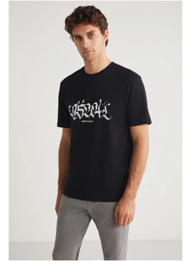 جريميلانج Grimelange Ansu Men's Crew Neck Cotton Shiny Print Detail Black T-Shirt