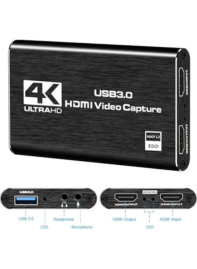 4K HDMI Capture Card for Streaming, Full HD 1080P 60FPS USB3.0 Cam Link Game Audio Video Capture Card Works with Nintendo Switch/Xbox/PS4/PS5/OBS/Camera/PC(Black) - Image 2