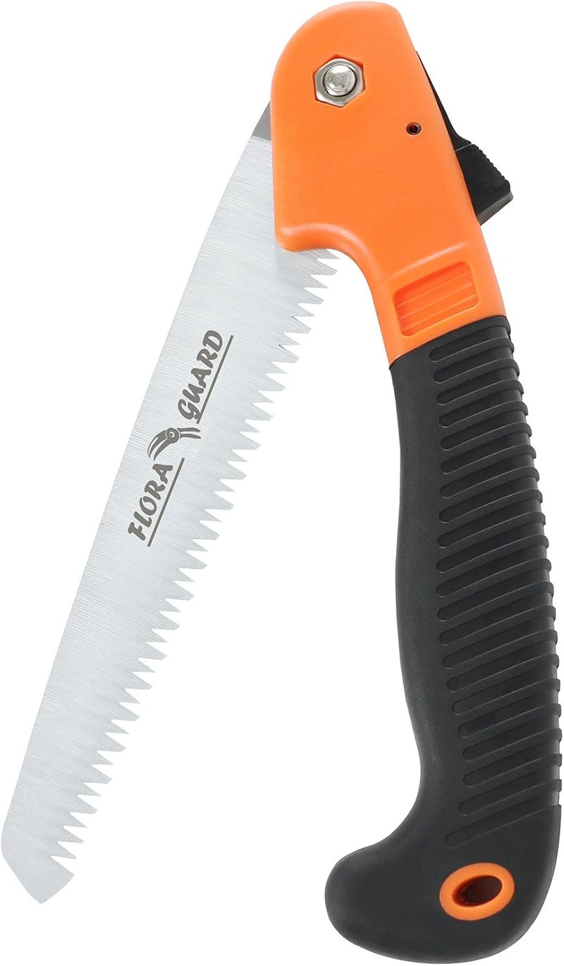 FLORA GUARD 7.7-Inch Folding Hand Saw, Pruning Saw with Trible-Cut Razor Teeth for Wood Cutting, Tree Trimming, Professional Camping Gardening Tools (Orange) - Image 1