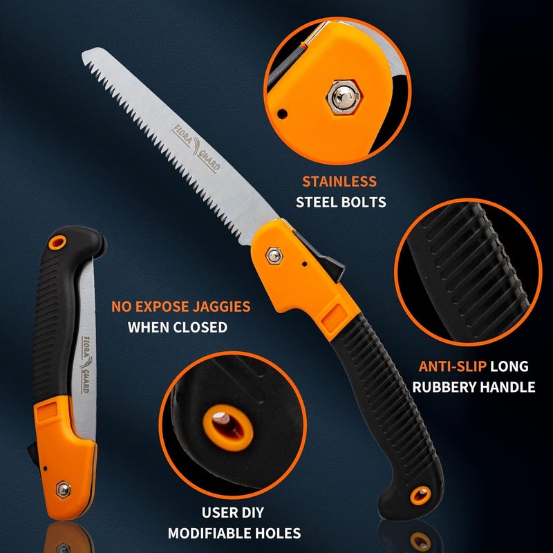 FLORA GUARD 7.7-Inch Folding Hand Saw, Pruning Saw with Trible-Cut Razor Teeth for Wood Cutting, Tree Trimming, Professional Camping Gardening Tools (Orange) - Image 2