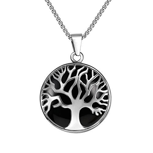 JADENOVA Family Tree Necklace Tree of Life Natural Black Agate Gemstone Crystal Pendant Necklace 24 Inches Stainless Steel Chain - Image 1