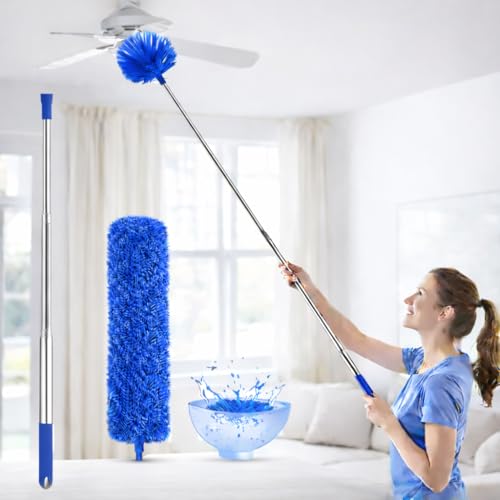 Jig-Tik 100 Inch Extendable Ceiling Fan Cleaning Duster with Telescopic Stainless Steel Rod | Detachable & Washable Microfiber Heads | Long Handle for Fan, Cobweb, AC & Curtain Cleaning (Blue) - Image 1