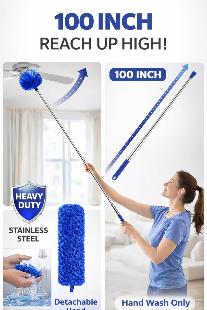Jig-Tik 100 Inch Extendable Ceiling Fan Cleaning Duster with Telescopic Stainless Steel Rod | Detachable & Washable Microfiber Heads | Long Handle for Fan, Cobweb, AC & Curtain Cleaning (Blue) - Image 2