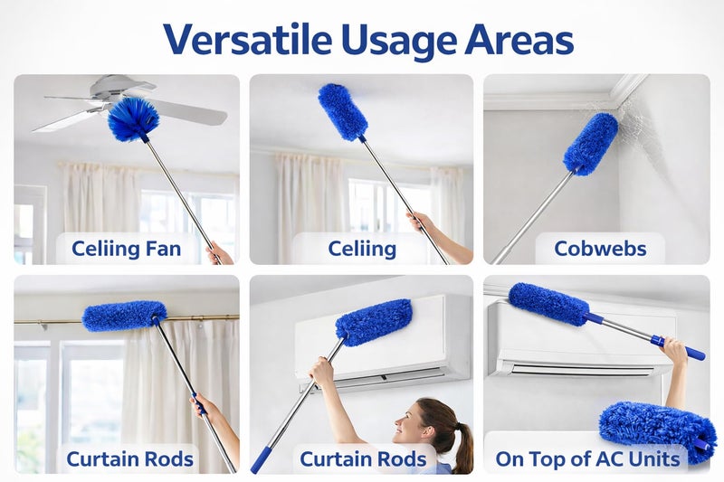 Jig-Tik 100 Inch Extendable Ceiling Fan Cleaning Duster with Telescopic Stainless Steel Rod | Detachable & Washable Microfiber Heads | Long Handle for Fan, Cobweb, AC & Curtain Cleaning (Blue) - Image 3