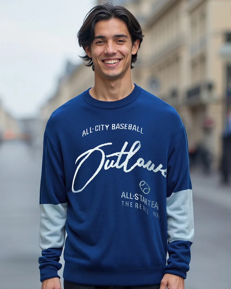 بيواكوف كنزة رجالية فضفاضة للغاية بطباعة زرقاء