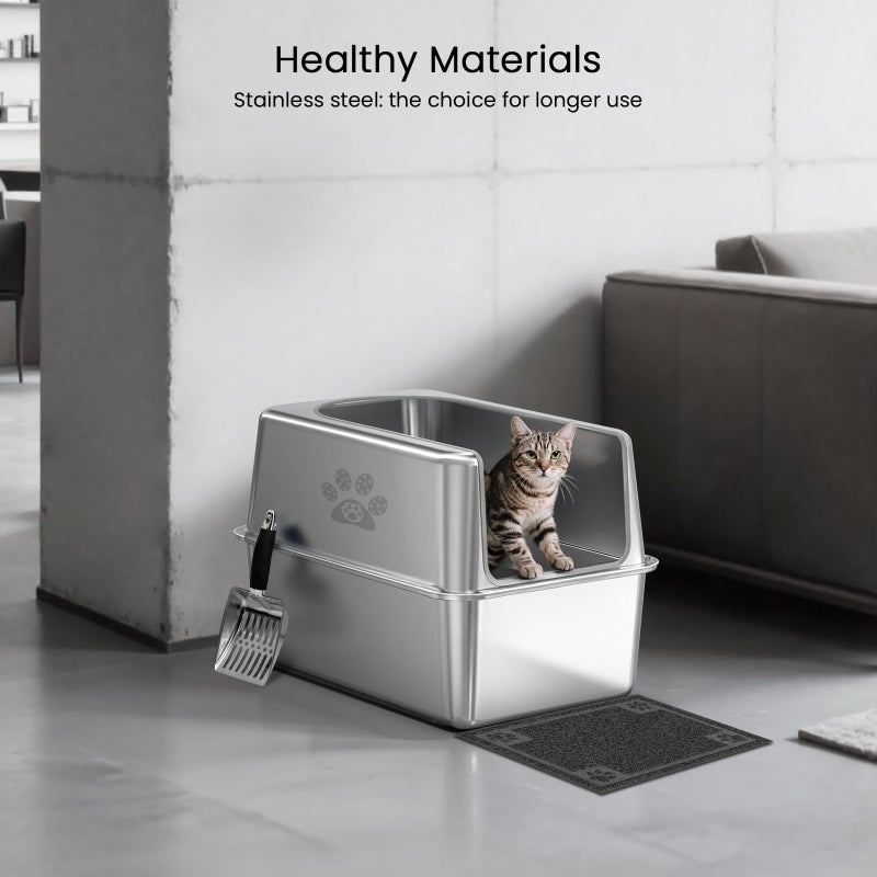 PWTAA Enclosed Stainless Steel Cat Litter Box with Lid, XL Leak-Proof Metal Litter Box for Big Cats, Extra Large Cat Toilet with High Side, Press-Fit Design, Non-Stick, Odor-Free, with Litter Mat & Scoop - Image 3