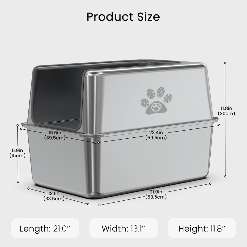 PWTAA Enclosed Stainless Steel Cat Litter Box with Lid, XL Leak-Proof Metal Litter Box for Big Cats, Extra Large Cat Toilet with High Side, Press-Fit Design, Non-Stick, Odor-Free, with Litter Mat & Scoop - Image 2