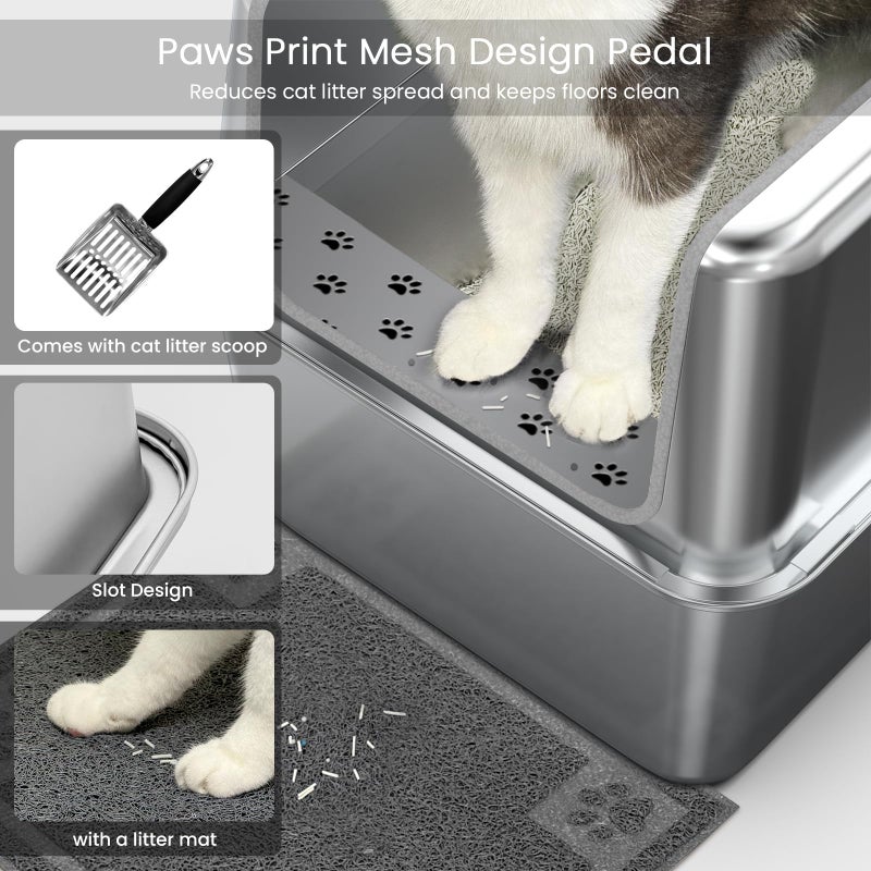 PWTAA Enclosed Stainless Steel Cat Litter Box with Lid, XL Leak-Proof Metal Litter Box for Big Cats, Extra Large Cat Toilet with High Side, Press-Fit Design, Non-Stick, Odor-Free, with Litter Mat & Scoop - Image 5