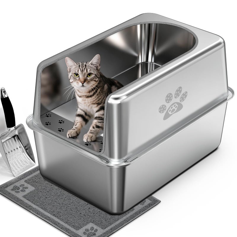 PWTAA Enclosed Stainless Steel Cat Litter Box with Lid, XL Leak-Proof Metal Litter Box for Big Cats, Extra Large Cat Toilet with High Side, Press-Fit Design, Non-Stick, Odor-Free, with Litter Mat & Scoop - Image 1
