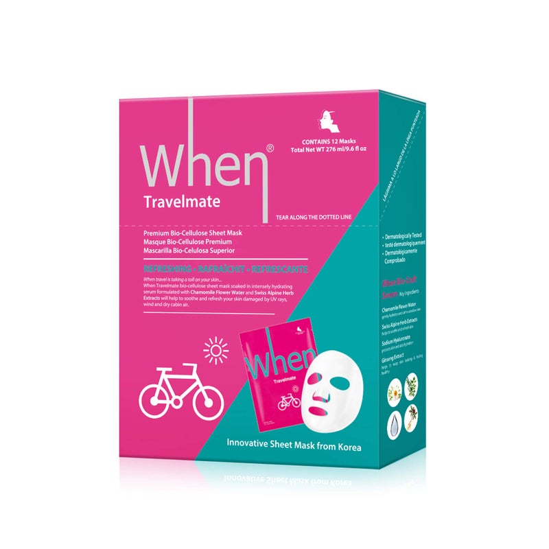 When Refreshing BioCellulose Facial Sheet Mask  When Beauty Travelmate Face Premium Korean Skincare Fine Line Wrinkles Reduce Intensive Hydration Soothing Elasticity Improvement Collagen 12 pcs set