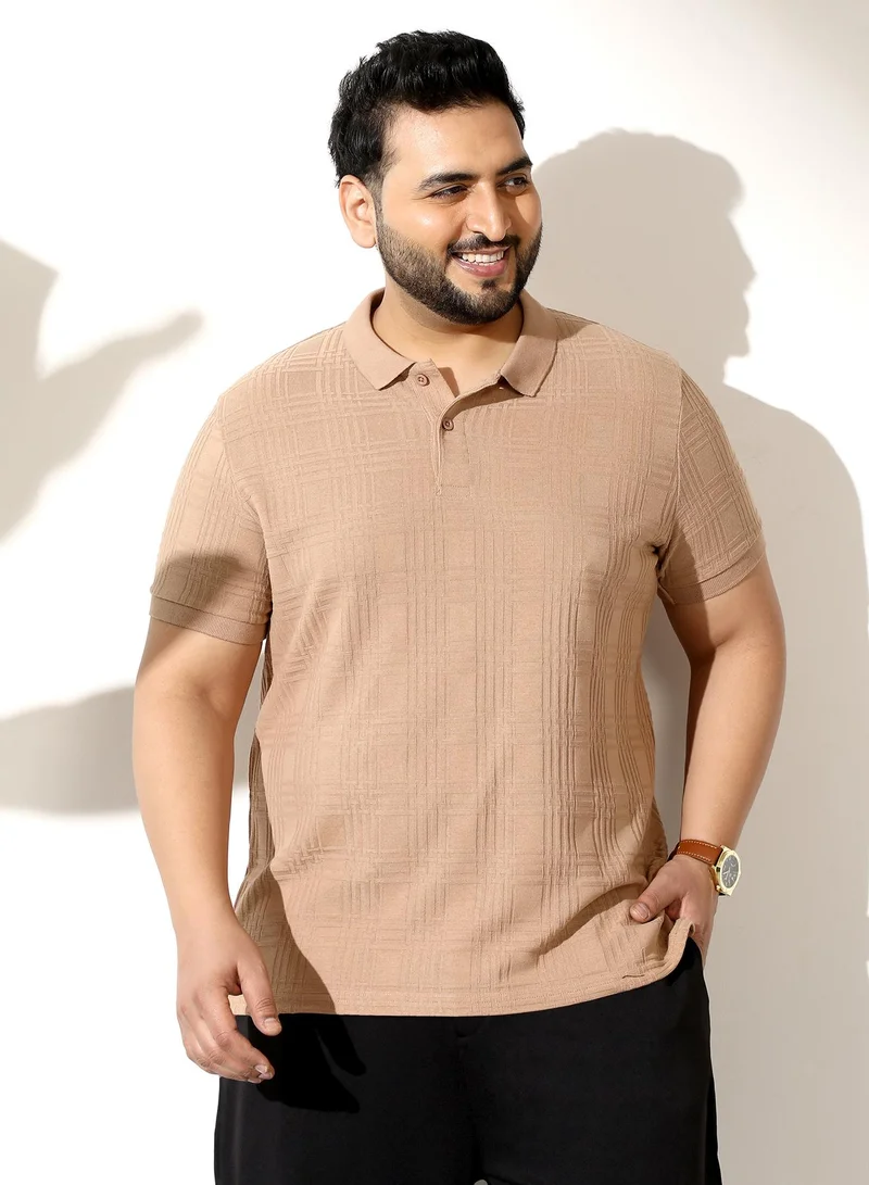 انستافاب بلس Men Intertwine-Textured Polo T-Shirt | Ribbed-Polo Neck, Short Ribbed-Cuff Sleeves | Half-Button, Straight Hem | Solid Circular Knitted Fabric For Casual & Daily | Buff Beige