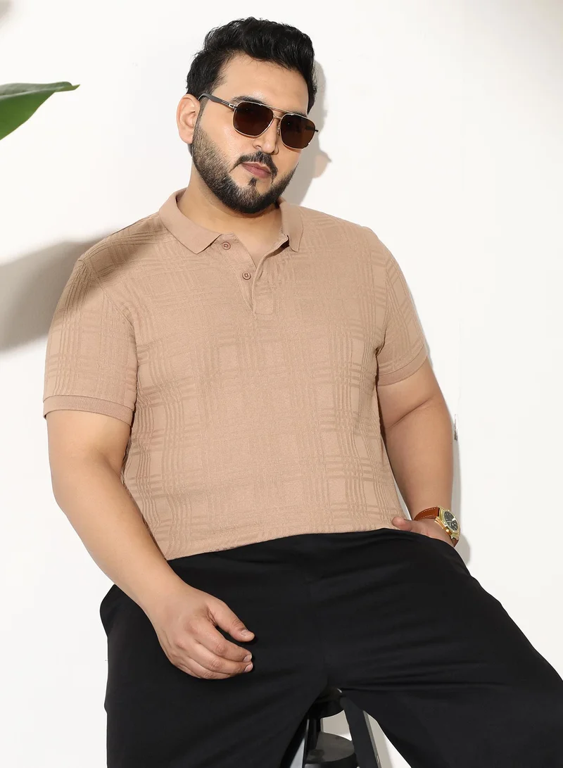 Instafab Plus Men's Buff Beige Intertwine-Textured Polo T-Shirt