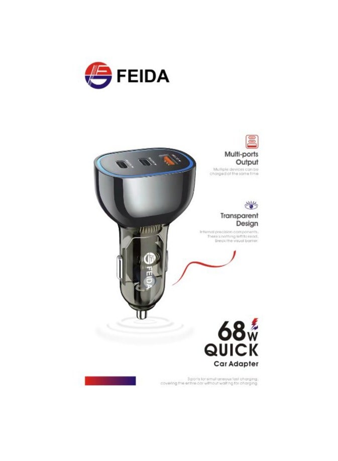 FEIDA-TransDrive Car Charger, 68W Multi-Port Transparent Adapter with Dual Type-C Ports, USB Type-A Port, Qualcomm QC 3.0 Technology, and Overheat Protection - Image 3