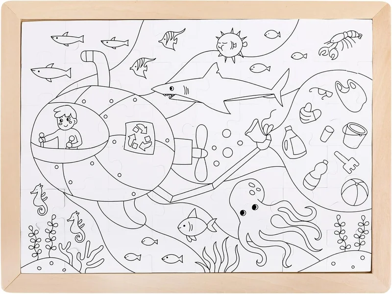 Hape Hape Ocean Rescue 48-Piece Double-Sided Jigsaw Puzzle & Colouring Activity for Kids, Educational Puzzle with Plywood Tray & Reference Poster, Fine Motor & Creative Play , Ages 4-7