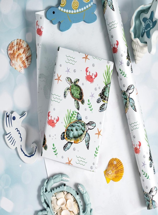 LeZakaa Ocean Sea Turtle Wrapping Paper Roll for Boys Girls Kids, Green Sea Turtle with Seaweed, Crabs, Starfish, Underwater Design for Birthday, Baby Shower Party, Mini Roll, 17 inches x 16.4 Feet - Image 2