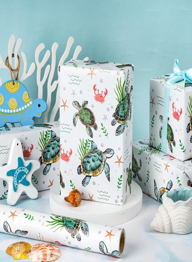 LeZakaa Ocean Sea Turtle Wrapping Paper Roll for Boys Girls Kids, Green Sea Turtle with Seaweed, Crabs, Starfish, Underwater Design for Birthday, Baby Shower Party, Mini Roll, 17 inches x 16.4 Feet - Image 3