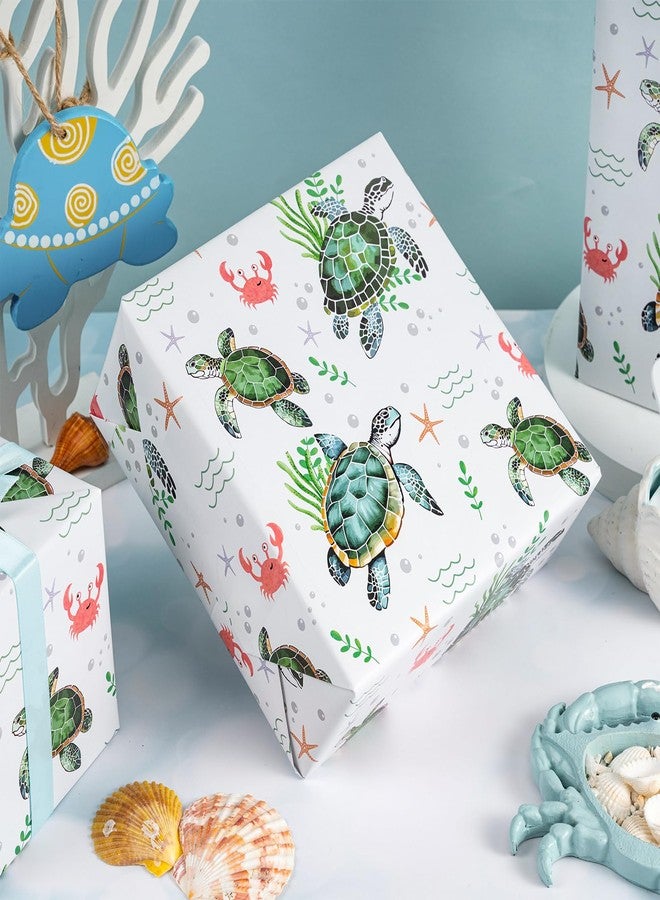 LeZakaa Ocean Sea Turtle Wrapping Paper Roll for Boys Girls Kids, Green Sea Turtle with Seaweed, Crabs, Starfish, Underwater Design for Birthday, Baby Shower Party, Mini Roll, 17 inches x 16.4 Feet - Image 5