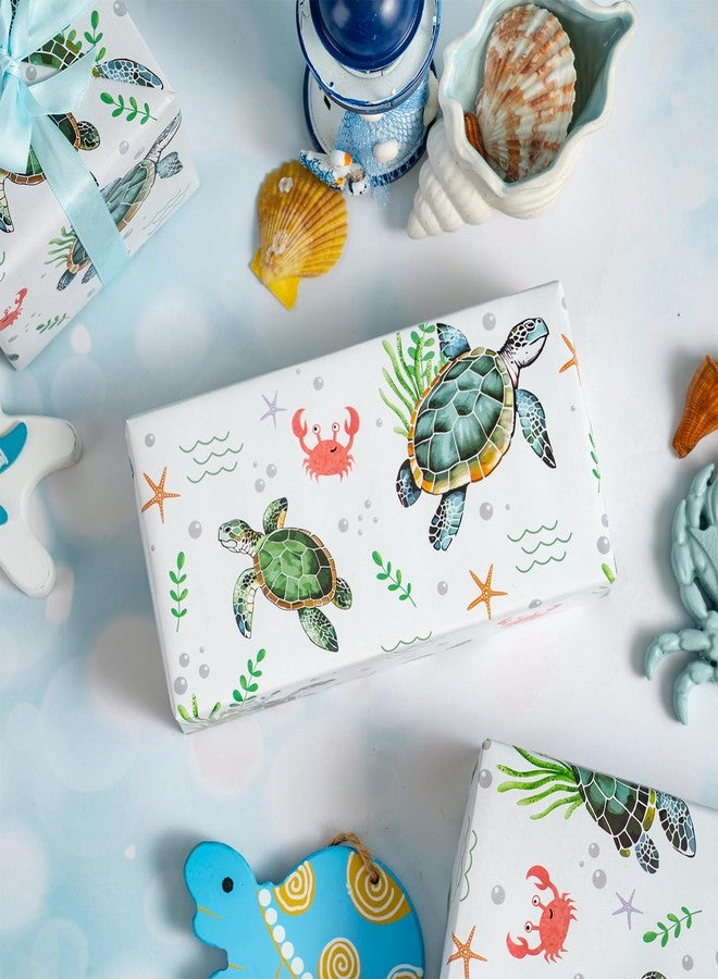 LeZakaa Ocean Sea Turtle Wrapping Paper Roll for Boys Girls Kids, Green Sea Turtle with Seaweed, Crabs, Starfish, Underwater Design for Birthday, Baby Shower Party, Mini Roll, 17 inches x 16.4 Feet - Image 4