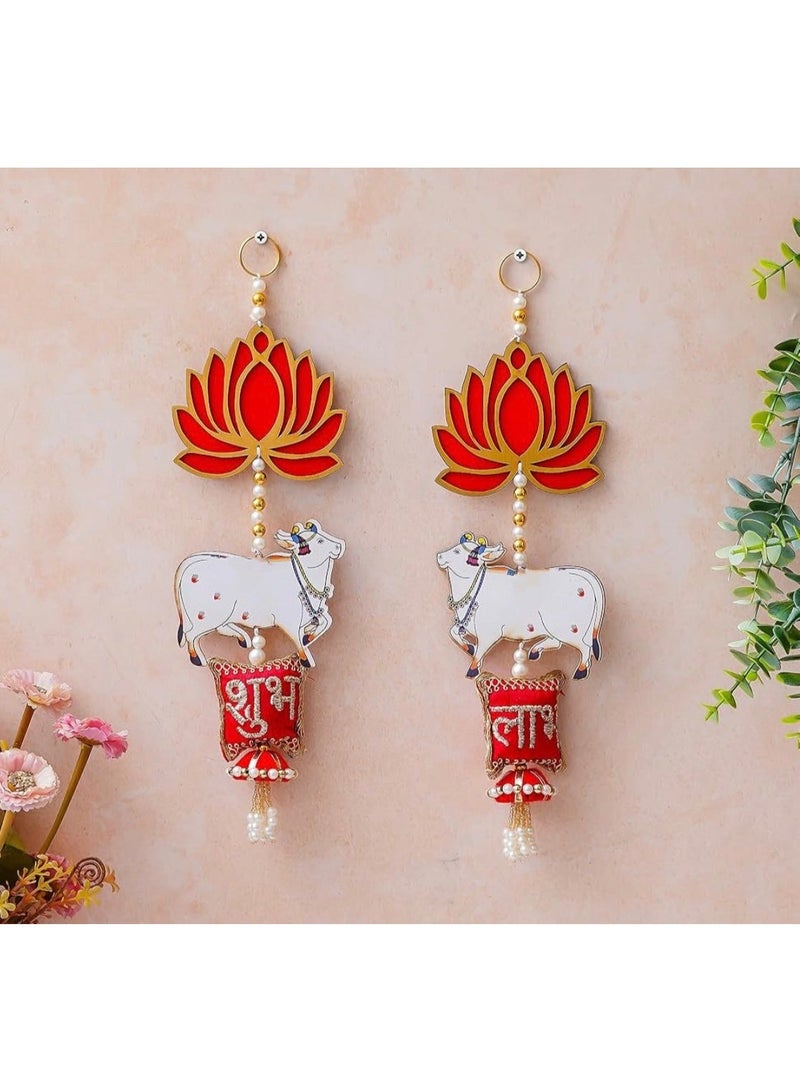 Divine Design Shubh Labh Hanging with Lotus, Cow, Pearl Beads, Red and Gold, Diwali Festive Decor, Set of 2, 14 Inch - Image 5