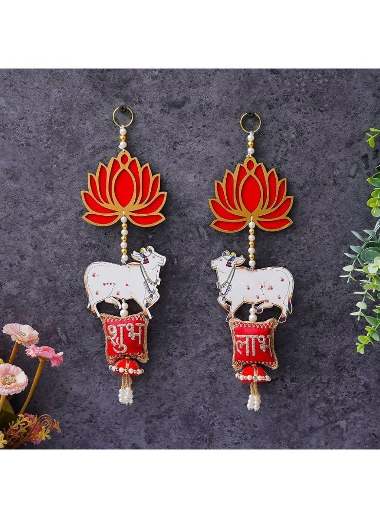 Divine Design Shubh Labh Hanging with Lotus, Cow, Pearl Beads, Red and Gold, Diwali Festive Decor, Set of 2, 14 Inch - Image 4
