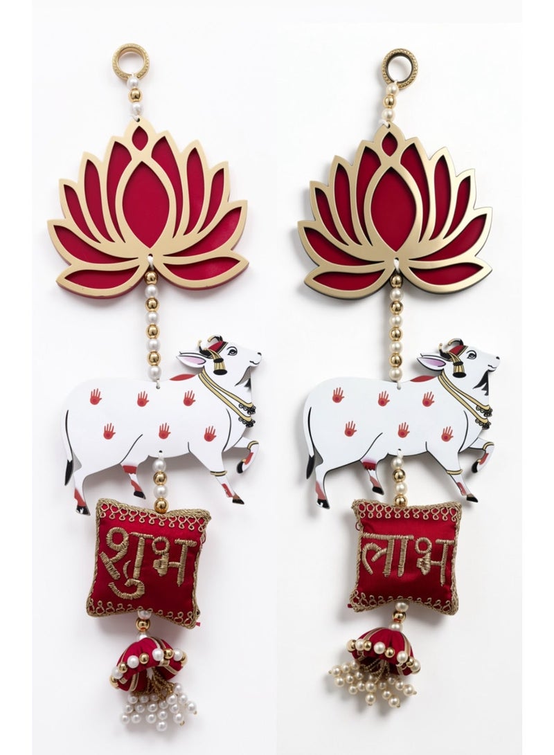 Divine Design Shubh Labh Hanging with Lotus, Cow, Pearl Beads, Red and Gold, Diwali Festive Decor, Set of 2, 14 Inch - Image 1