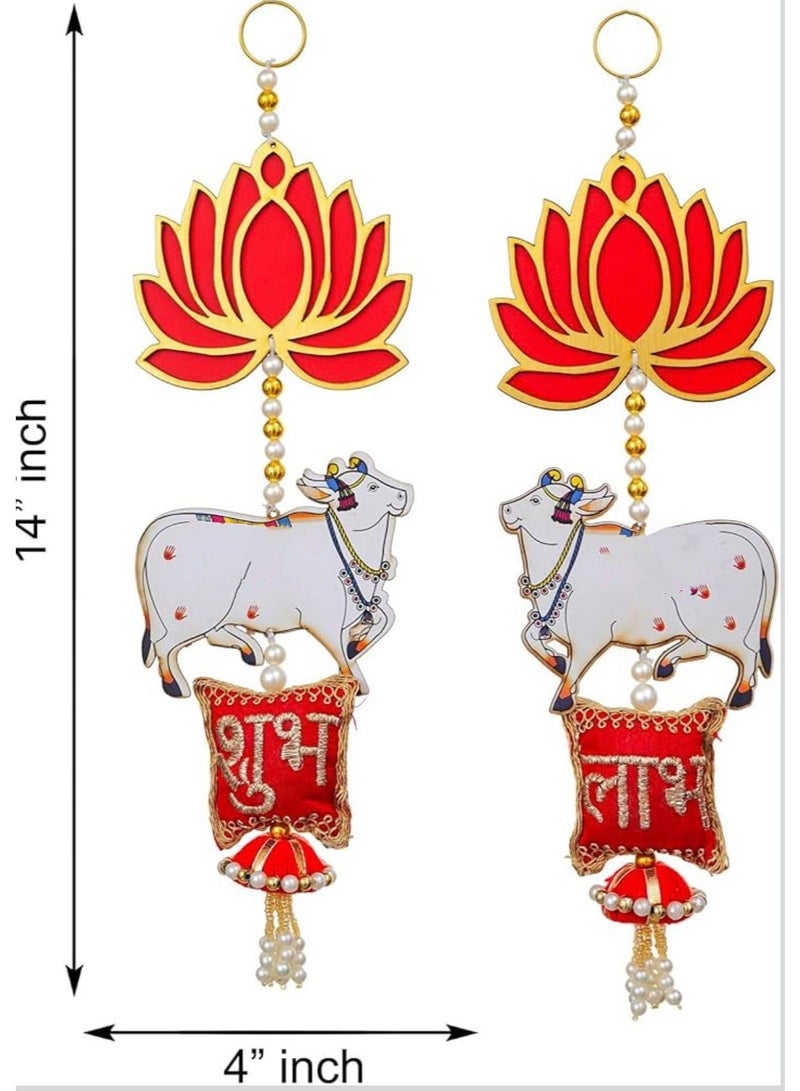 Divine Design Shubh Labh Hanging with Lotus, Cow, Pearl Beads, Red and Gold, Diwali Festive Decor, Set of 2, 14 Inch - Image 2