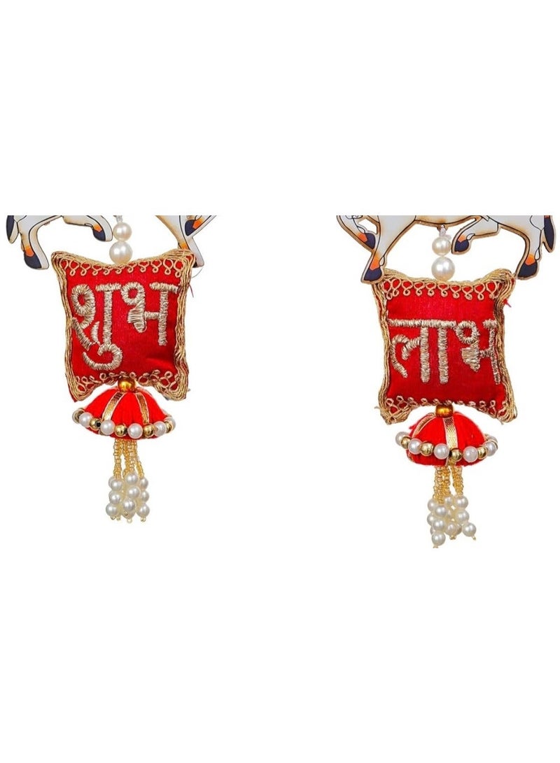 Divine Design Shubh Labh Hanging with Lotus, Cow, Pearl Beads, Red and Gold, Diwali Festive Decor, Set of 2, 14 Inch - Image 3