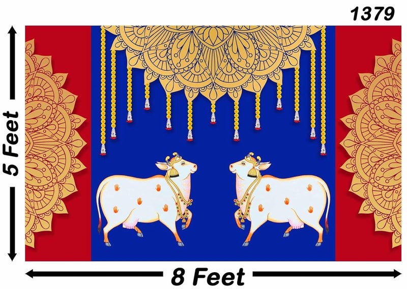 Backdropon Two Cow with Rangoli and Hanging Flower Design Backdrop Cloth for Pooja Decoration Traditional Background Curtain Cloth for Festival Size 5 Feet Height and 8 Feet Width(5 * 8) - Image 3