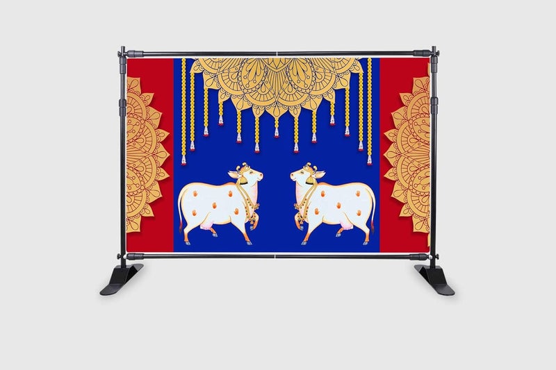 Backdropon Two Cow with Rangoli and Hanging Flower Design Backdrop Cloth for Pooja Decoration Traditional Background Curtain Cloth for Festival Size 5 Feet Height and 8 Feet Width(5 * 8) - Image 2